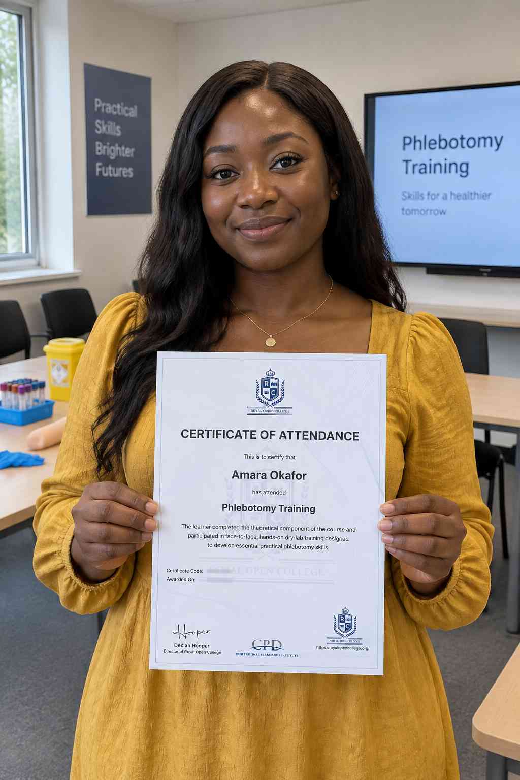 Learner holding her phlebotomy training certificate