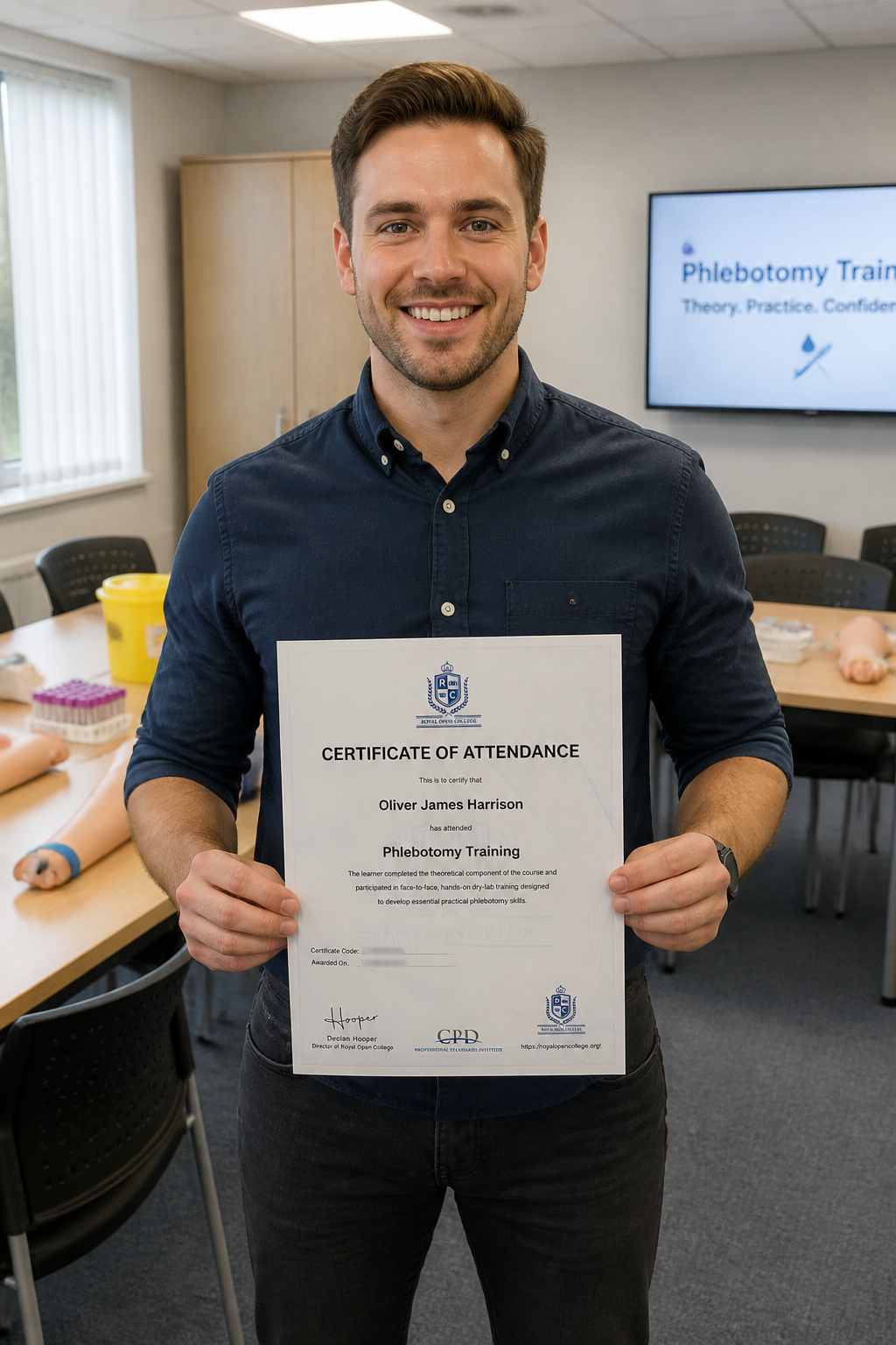 Smiling learner with his phlebotomy training certificate