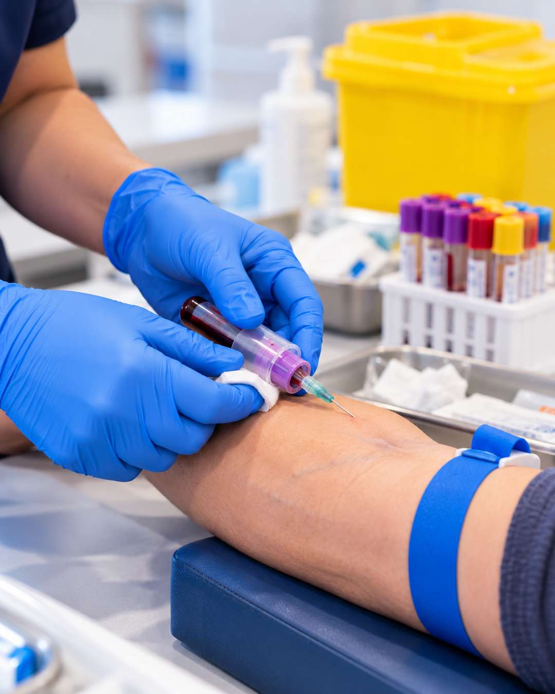 Close-up of venepuncture technique with a tourniquet and blood collection tubes