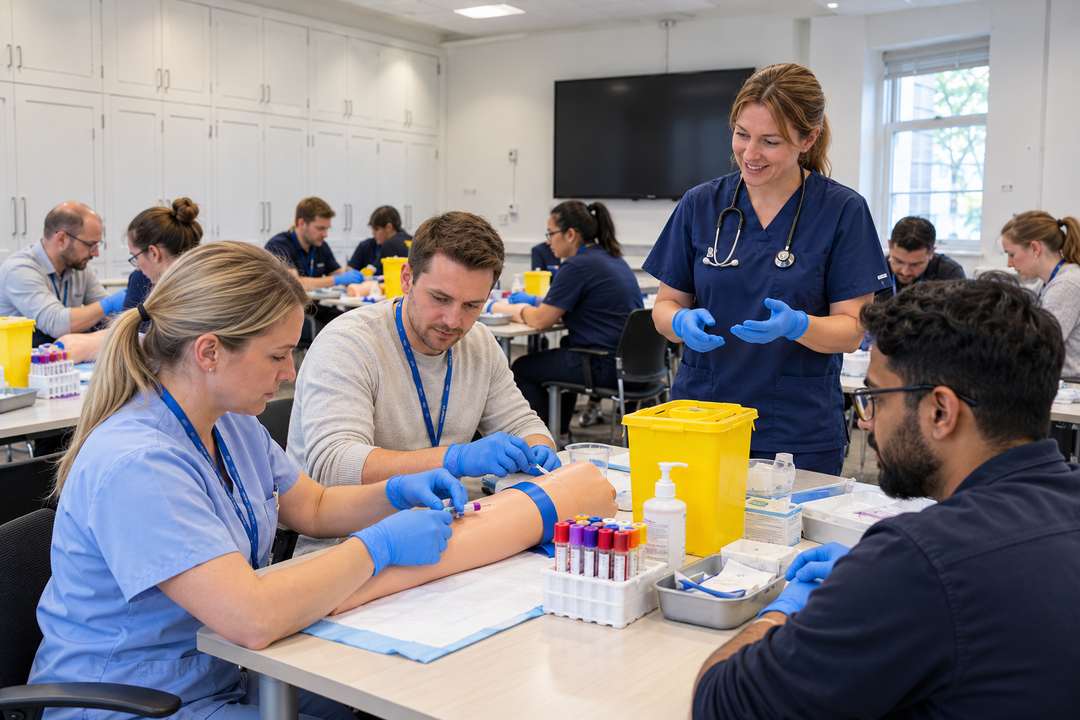 Trainer supervising venepuncture practice