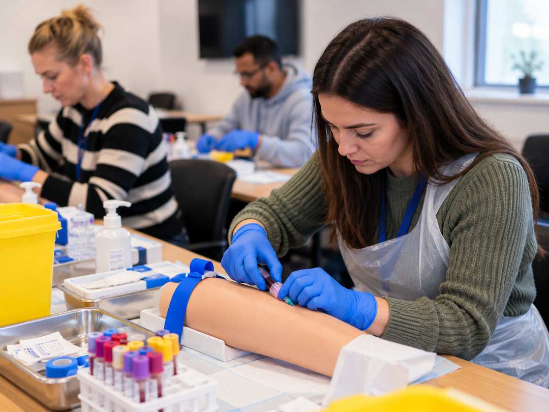 Learners practising blood draws on simulation arms in a dry-lab session