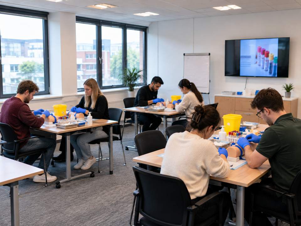 Phlebotomy training classroom with simulation-arm practice stations