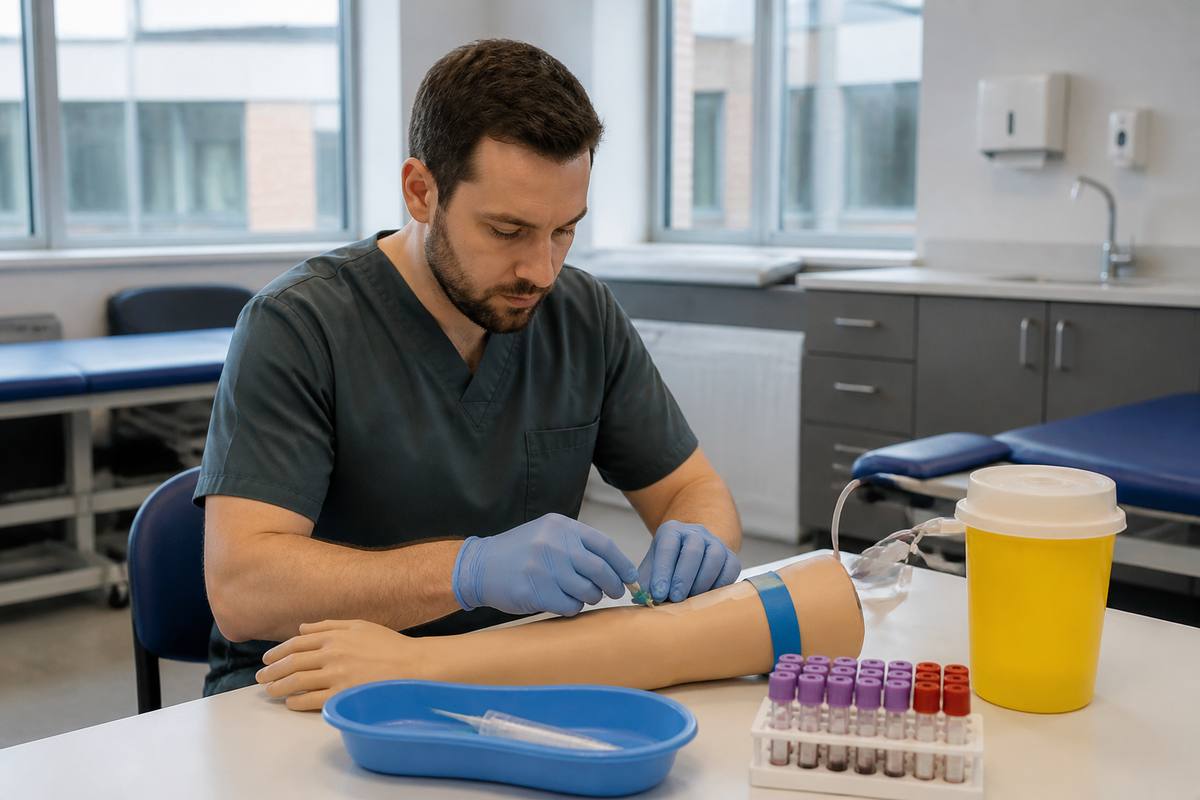 Learner practising venepuncture with real clinical equipment