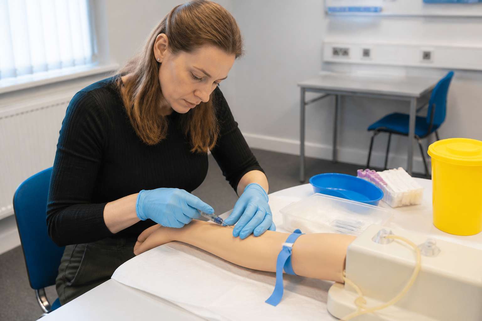 Learner practising tourniquet use and vein selection on a training arm