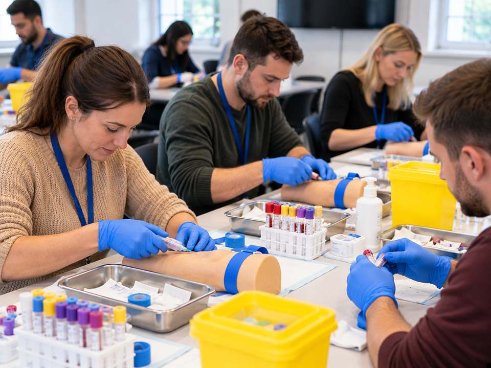 Learners practising venepuncture on simulation arms during a phlebotomy class