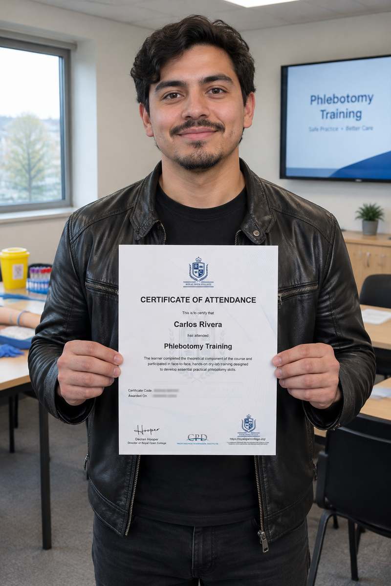 Career changer holding his phlebotomy training certificate