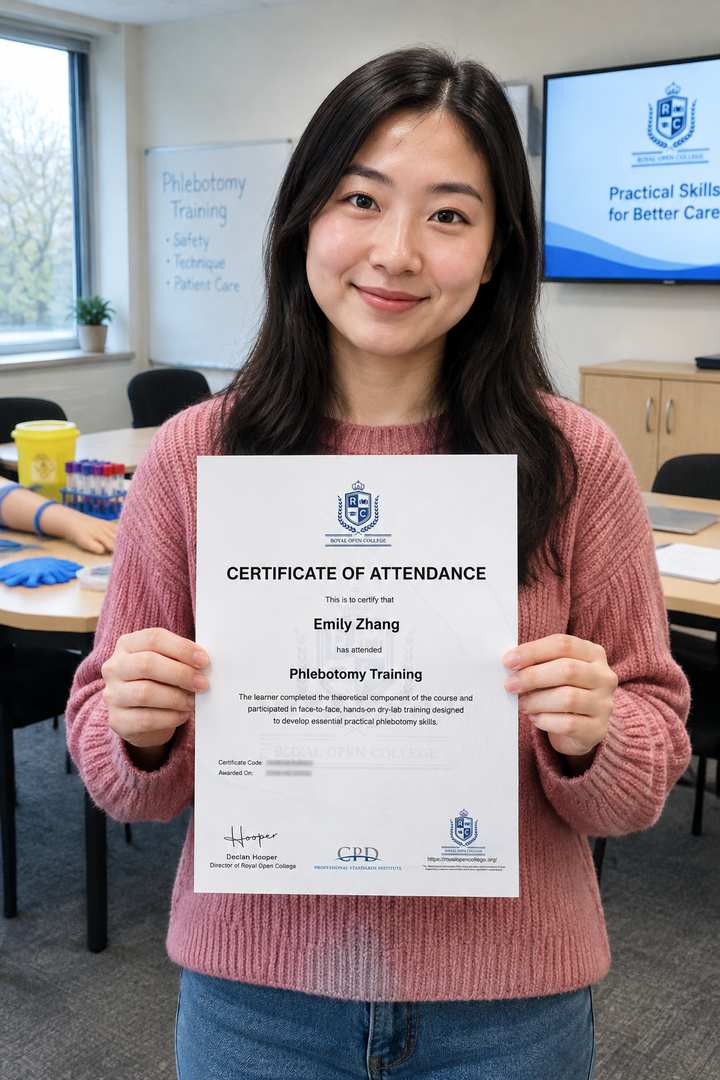 Learner with her phlebotomy training certificate