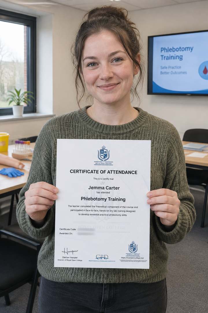 Learner holding her phlebotomy training certificate in the classroom