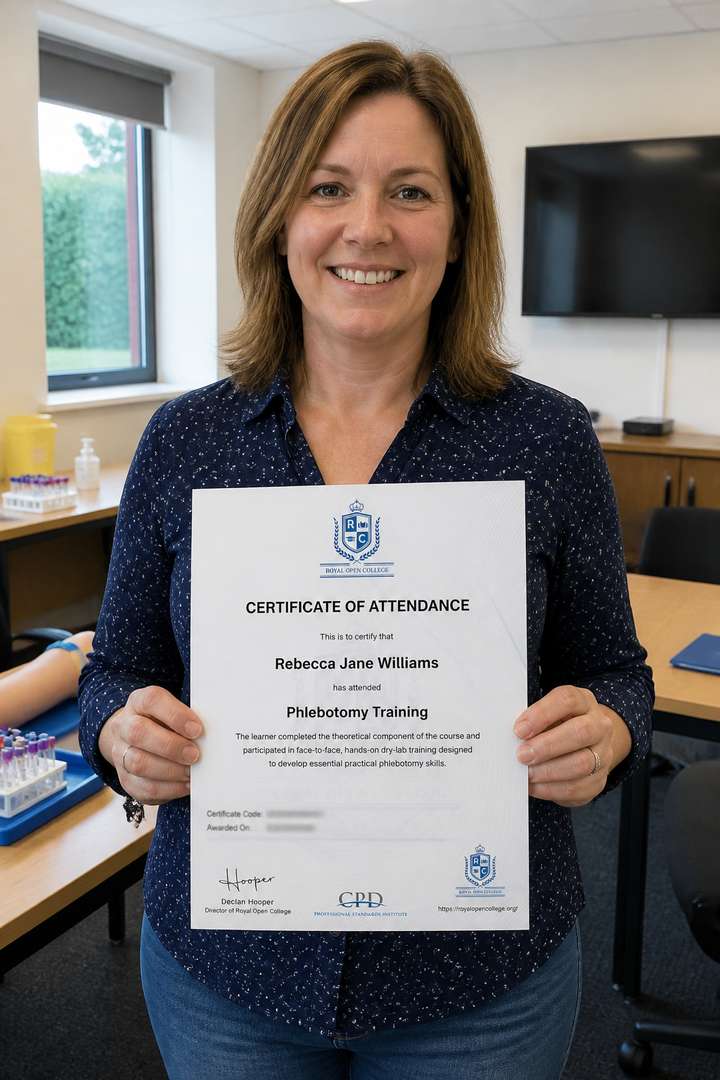 Smiling learner with her phlebotomy training certificate
