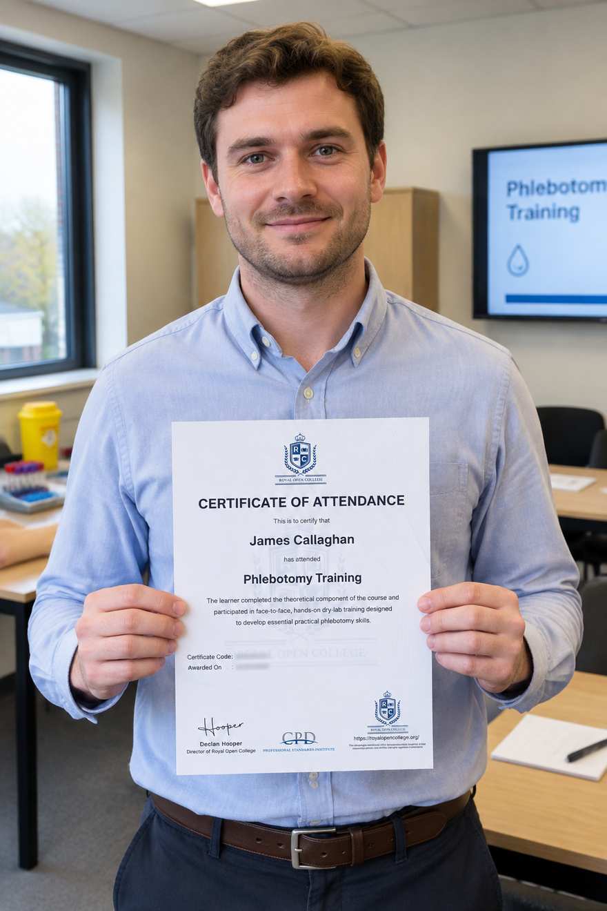 Learner showing his phlebotomy certificate of attendance