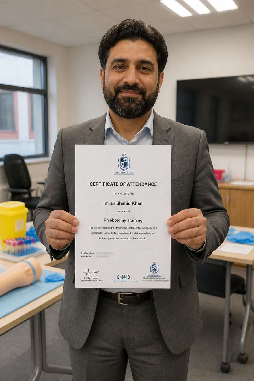 Learner holding his phlebotomy training certificate